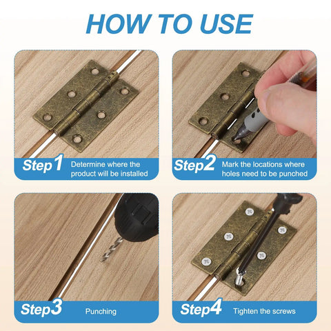Installation steps for Dope Three Fold Vintage Hinge Set For Cabinets And Chests with screws and drill on wood surface