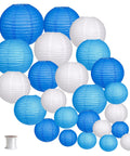 Blue And White Hanging Round Paper Lantern Set - 24 Pack Multi-Size Lanterns (12in 6, 10in 6, 8in 6, 6in 6) with string