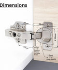 Dimensions diagram of Frameless Soft Close Cabinet Hinges Pack Of 2 3 Way Adjustable Metal Hinges showing measurements