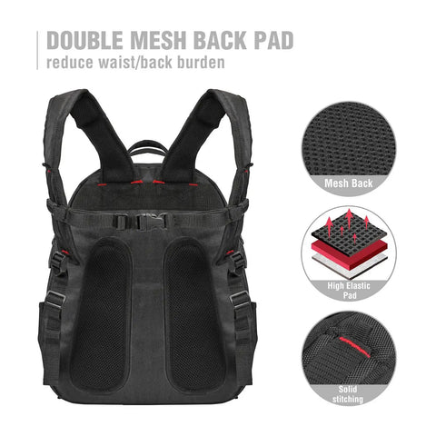 Heavy Duty Tool Backpack With 41 Pockets And Padded Laptop Sleeve For Contractors And Pros On The Go Ultra Organized Electricians Plumbers HVAC Techs Built Tough With Comfort Straps And Reflective Belt For Safe Jobsite Transport showing double mesh back pad and padding details
