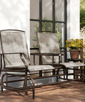 Outdoor Glider Bench With Center Table Metal Frame Patio Loveseat With Breathable Mesh Fabric And Armrests For Backyard Garden Porch Brown Perfect For Patio Lounging And Entertaining Friends Under The Sun.