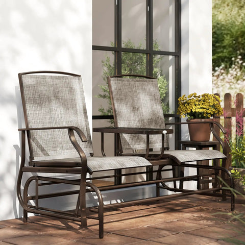 Outdoor Glider Bench With Center Table Metal Frame Patio Loveseat With Breathable Mesh Fabric And Armrests For Backyard Garden Porch Brown Perfect For Patio Lounging And Entertaining Friends Under The Sun.