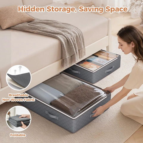 Heavy Duty Foldable Under Bed Storage Bins, 95 Liter Capacity Set Of Four, Breathable Non Woven Fabric Closet Organizers To Keep Your Space Tight And Clutter Free, Grey