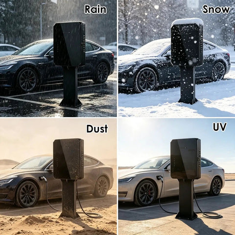 Kickass Ev Charger Box Outdoor With Pedestal Stand And Secure Lock Cover Weather Resistant Housing For Home Electric Vehicle Recharges in rain, snow, dust and UV.