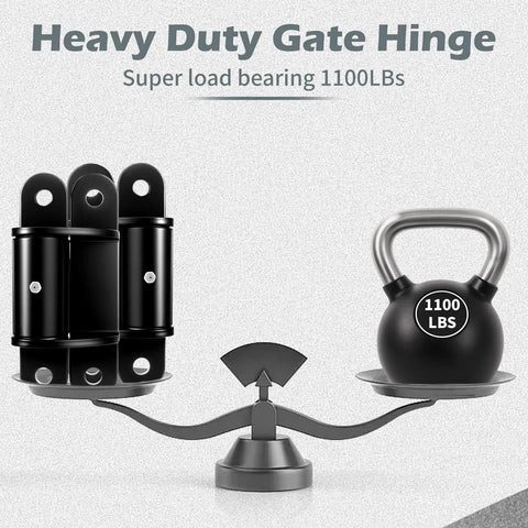 2 Pack 7 Inch Heavy Duty Gate Hinges With 1100 Lbs Maximum Load displayed with a weight to illustrate load capacity