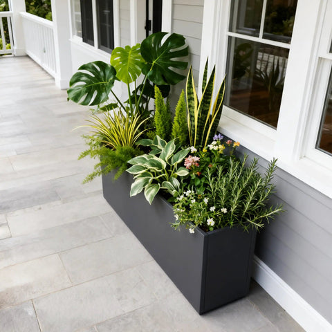 Rectangular Metal Planter Box 36x12x16 Matte Black With Insert Shelf, Drainage Holes And Bottom Water Collection Tray on a patio