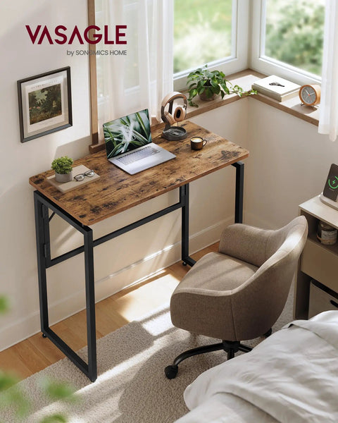 Folding Computer Desk For Small Spaces With One Piece Desktop And Round Edges Lightweight Craft Table Rustic Brown next to window