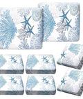 8 Piece Summer Patio Sofa Cushion Cover Set Stretchy Coastal Slipcovers With Starfish Seashell Coral Pattern For Outdoor Cushions Chairs And Couches Totally Fresh Makeover For Patio And Living Room displayed in full set showing blue oceanic design on white cover