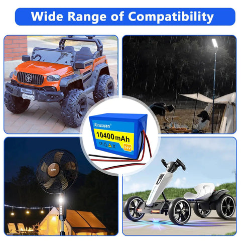 Beefed Up 24V 10.4Ah Lithium Ion Battery Pack powering RC toys, outdoor lighting, and camping gear, showing wide compatibility.