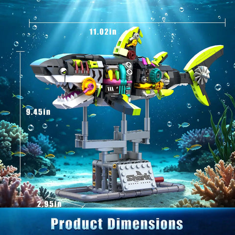 Glow In The Dark Mechanical Shark Building Set With 747 Pieces Realistic Ocean Creature Model Kit Featuring Rotating Jaws And Fins Linkage Function And Display Stand STEM Toy Gift For Kids Teens And Adults, 11.02in
