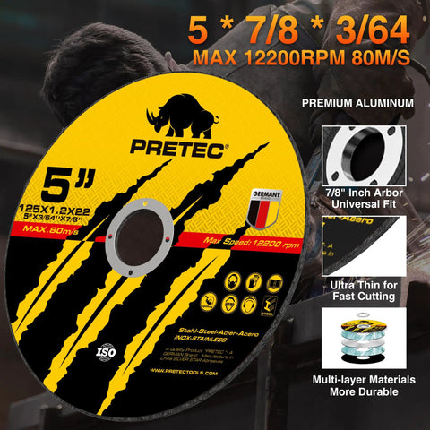 Five Inch Metal Cutting Discs Set for Angle Grinders, 125mm Thin Cut Off Wheels, Seven Eighths Inch Arbor, yellow disc front view