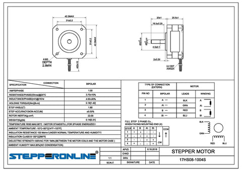 Stepper motor blueprint by STEPPERONLINE: short-body NEMA 17 bipolar motor with shaft, front and side views