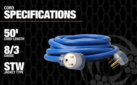 Heavy Duty Welder Extension Cord 50 Amp 250 Volt 50 Foot Power Cable With STW Jacket Molded Ends Lighted Receptacle