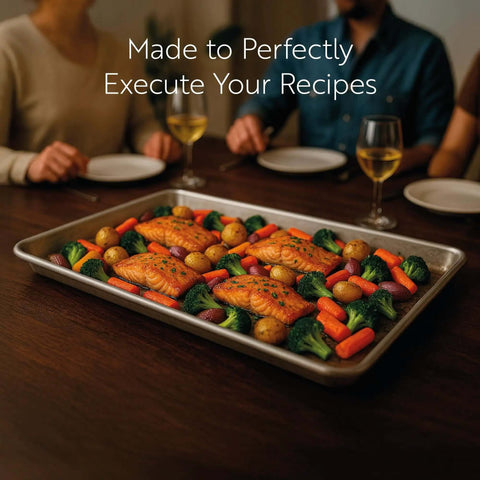 Beefy Heavy Duty Aluminum Full Size Sheet Pan 26 By 18 Inch With Reinforced Rim and Rimmed Edges used for roasting vegetables and salmon