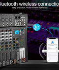 8 Channel Bluetooth Audio Mixer for Live Streams with LED display and smartphone showing Bluetooth connection.