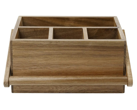 Acacia Wood Silverware Caddy With Handle, Multi Purpose Utensil Organizer for Kitchen, Office, Bathroom and Bedroom, four large compartments