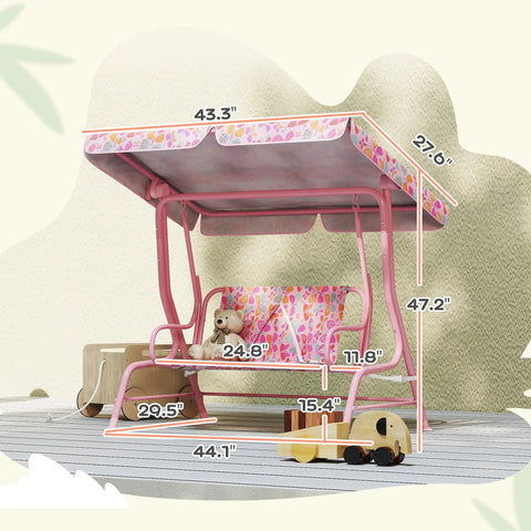 Kids 2 Seater Patio Porch Swing with Adjustable Canopy and Safety Belt Pink Butterfly Pattern Hanging Swing Bench for Garden and Backyard Sturdy Steel Frame with Non Slip Feet