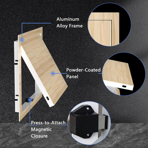 No Sweat Flush Drywall Access Panel With Magnetic Press Latch Attic Inspection Hatch showing aluminum alloy frame and powder-coated panel.