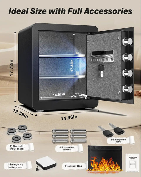 2.0 Cub Safe Box With Backlit Touch Screen Keypad, Dual Alarm System, Mute Function And LED Light, open with accessories shown