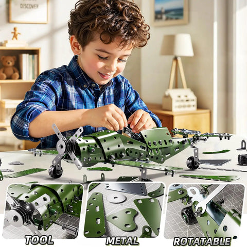 Child assembling Metal Model Airplane Kit For Kids Ages 8 12, STEM Building Toy With 285 Parts And Tools, green aircraft model