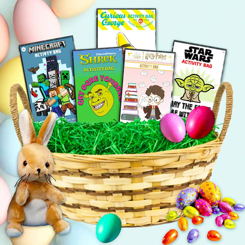 Easter basket with character-themed activity bags, toy bunny, grass, and colorful eggs for Chocolate Factory Theme Party Favor Bundle For Kids Includes 24 Mini Activity Packs With Colorable Mini Books, Stickers, Games, And Treat Bag Essentials For A Fun Birthday Goodie Bag.