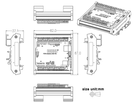 Din Rail Mount Pinout Breakout Terminal Block Module For UNO R3 Builds With 3.81mm Pitch Screw Terminal 26-16AWG Wire Range 5mm Strip M2 Slotted Screw For Easy Industrial Control Wiring, technical drawing with dimensions