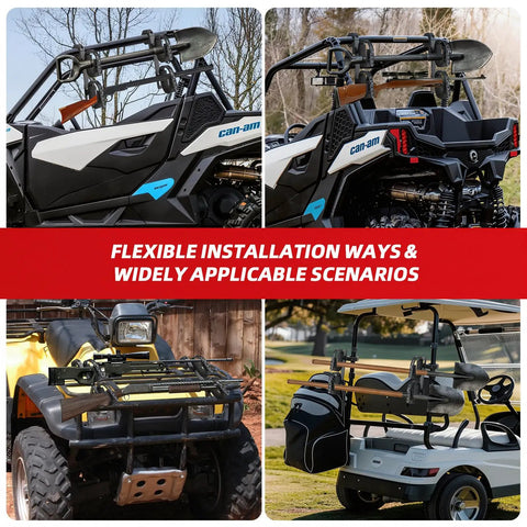 Double Tier Roll Bar Gun Rack installed on UTV, ATV, golf cart, showcasing versatile 1-2 inch roll bar compatibility.