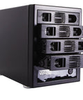 Badass Heavy Duty Four Bay Raid And Jbod Hard Drive Enclosure For Two Point Five And Three Point Five Inch Sata Drives with black casing and drive bays.