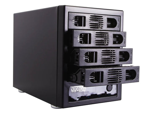 Badass Heavy Duty Four Bay Raid And Jbod Hard Drive Enclosure For Two Point Five And Three Point Five Inch Sata Drives with black casing and drive bays.