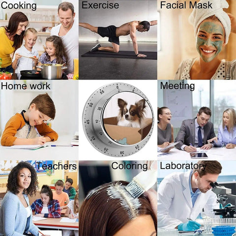 Collage featuring Stainless Steel Kitchen Timer With Magnetic Base, Compact 3.1 Inch Dial, and various daily activities.