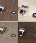 Four Pack Cabinet Door Magnetic Catches With Strong Magnets and Strike Plates on Various Wood Textures.