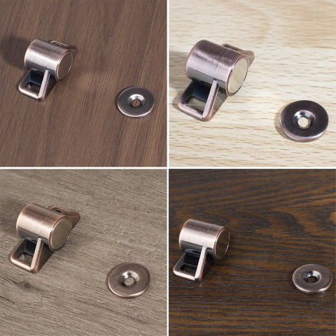 Four Pack Cabinet Door Magnetic Catches With Strong Magnets and Strike Plates on Various Wood Textures.