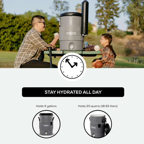 Two people using Five Gallon Portable Sports Cooler And Water Dispenser With Flat Seat Lid Tailgate Ready Insulated Beverage Dispenser