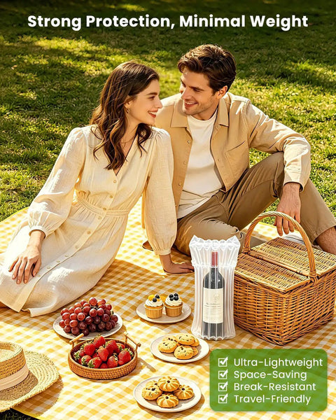 Couple having a picnic with Wine Travel Protector Bags With Quick Inflation Sleeve and Bubble Wrap Bottle Cushioning on blanket.