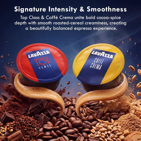 Five Flavor Premium Coffee Capsule Variety Pack For LB Espresso Machines Featuring Top Class and Caffe Crema pods.