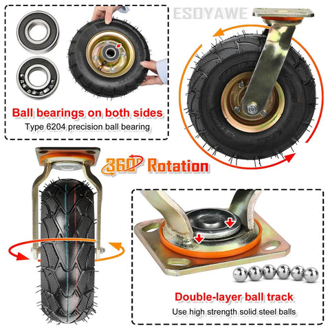 Heavy Duty Pneumatic Rubber Casters With Secure Locking Brakes Roll Like Butter Air Filled Swivel Wheels For Industrial Carts Workbenches Silent Shock Resistant Pack Of Four