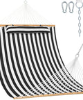 12Ft Quilted Double Hammock With Spreader Bars And Detachable Pillow For Two People, Outdoor Patio Poolside Backyard Chill, 450 Lb Capacity, Black White