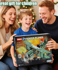 Family with child opening a Metal Plane Toy Buildable Fighter Jet Kit For Kids And Teens With Propeller Double Wing Cockpit And Tailplane