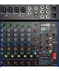 Top view of Pro 6 Channel Audio Mixer Console With USB Bluetooth MP3 Input 48V Phantom Power controls and connections visible.