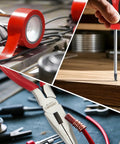 Close-up of 32 Piece Home Repair Tool Set For DIY Projects And Everyday Fixes with red electrical tape, screwdriver, pliers