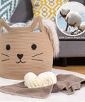 Large Cotton Rope Storage Basket With Cozy Cat Face Design For Towels, Blankets, Toys, And Clothes, 15 By 14 Inches