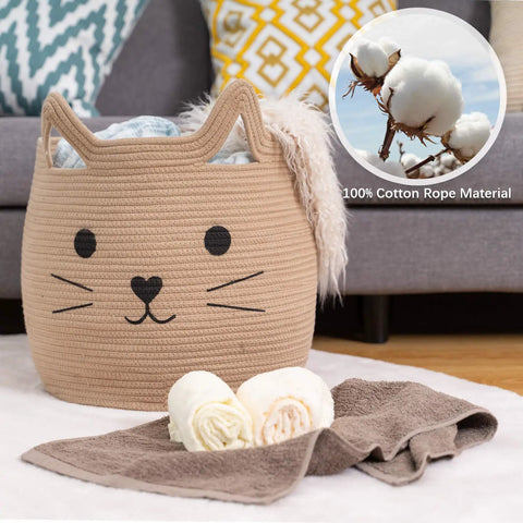 Large Cotton Rope Storage Basket With Cozy Cat Face Design For Towels, Blankets, Toys, And Clothes, 15 By 14 Inches