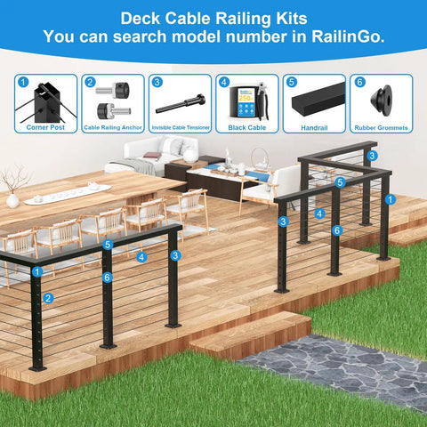 Heavy Duty Black Cable Railing Corner Post For Decks displayed in a modern outdoor setting with multiple components.