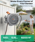 No Fuss Retractable Garden Hose Reel with Five Eighth Inch Hose 100 Feet wall-mounted in garden