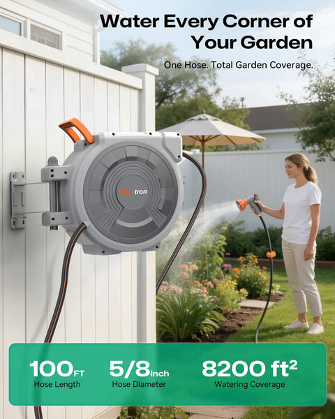 No Fuss Retractable Garden Hose Reel with Five Eighth Inch Hose 100 Feet wall-mounted in garden