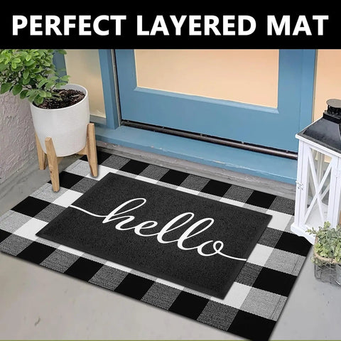 Durable Outdoor Indoor Doormat 30 By 17.5 Inches Non Slip Mud Trapping PVC Silk Loop Mat at front door with 'hello' text