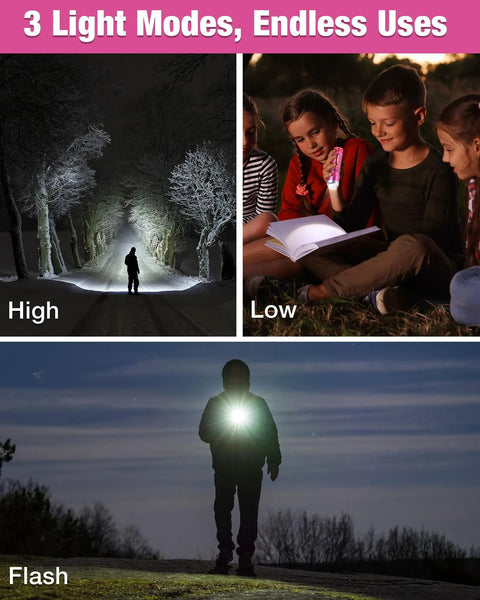 Demonstration of Pink Mini LED Flashlight With 3 Modes High Low Strobe Includes 3 AAA Batteries Water Resistant Pocket Size Flashlight