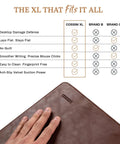 Comparison chart with hand touching XL Desk Pad 17 X 36 Inch Large Vegan Leather Desk Mat For Home Office And Computer Setup Buttery Smooth Writing Surface Waterproof Non Slip Protection Durable Desk Protector For Laptop Keyboard And Mouse.
