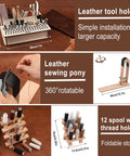 Ultimate Leather Working Starter Kit 628 Pcs with Leather Pony, Tooling Box, sewing tools, and thread holders displayed.