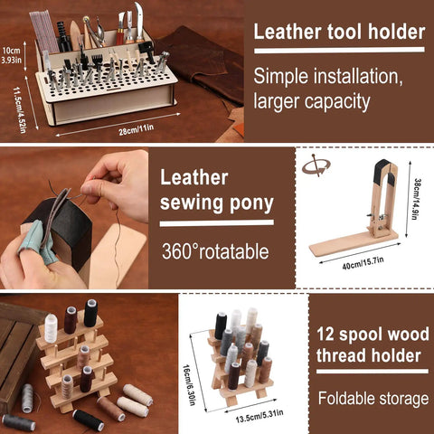 Ultimate Leather Working Starter Kit 628 Pcs with Leather Pony, Tooling Box, sewing tools, and thread holders displayed.